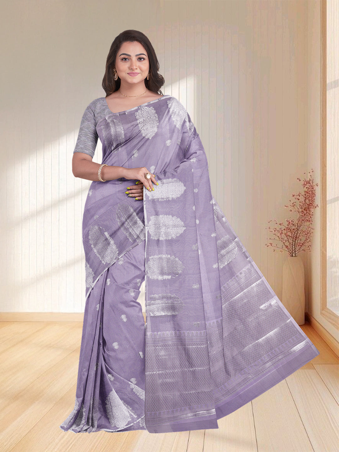 Women Lavender Semi Chanderi Cotton Printed Saree SC52