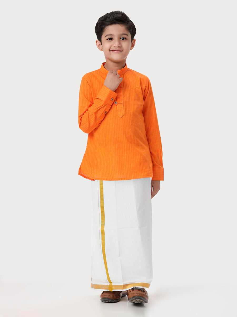 Boys Breeze Cotton Full Sleeves Orange Kurta with Dhoti Combo-Front view