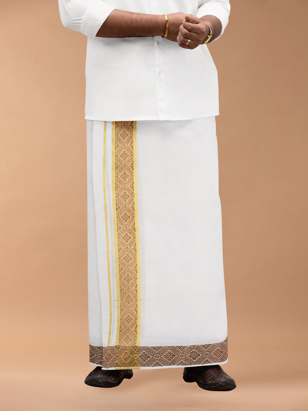 Mens Premium Handloom Dhoti Red with Gold Jari Border HLM14