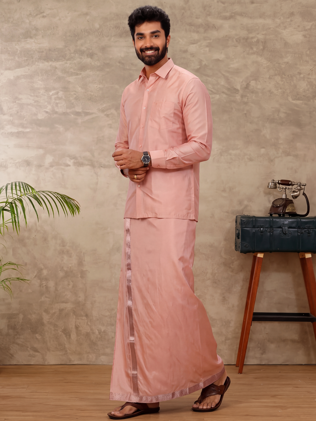 Art Silk Copper Tone Shirt with Dhoti & Towel Set