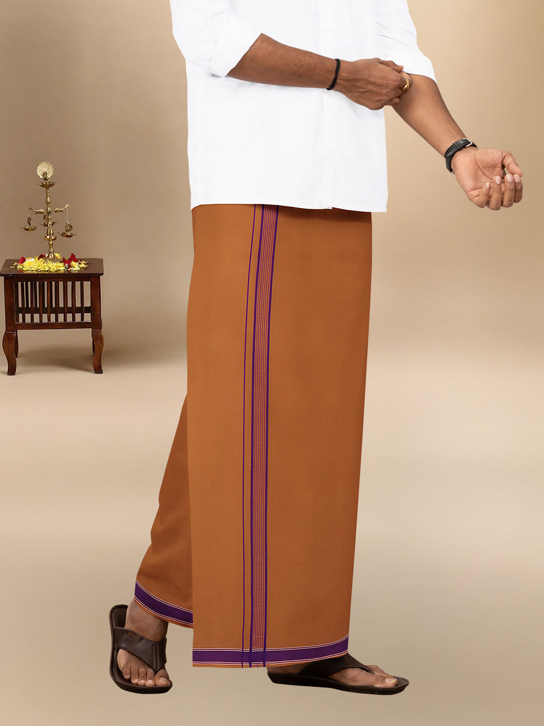 Men Cotton Blend Single Layer Kaavi Dhoti with Fancy Border Charming Line Colour 1