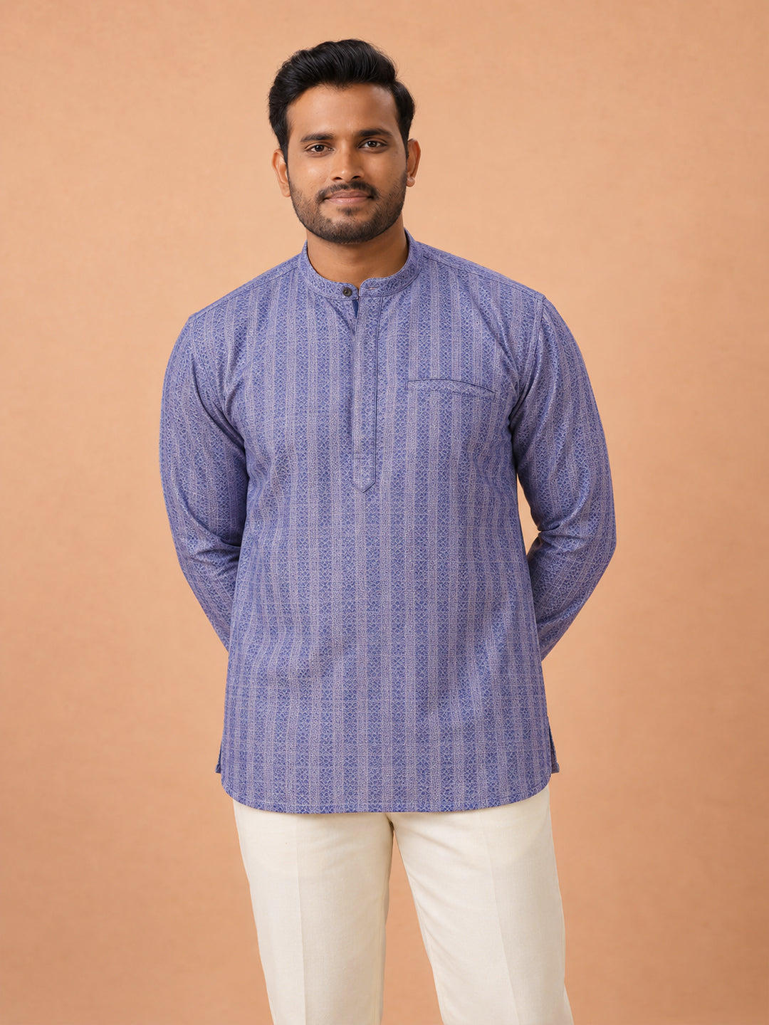 Cotton Short Length Self Design Pocket Kurta Blue Embriod RJ51
