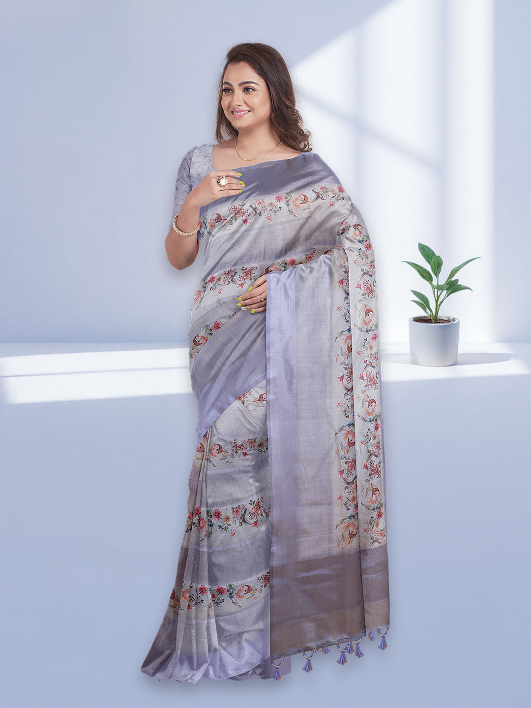 Women Lavender Semi Tussar Printed Saree ST291