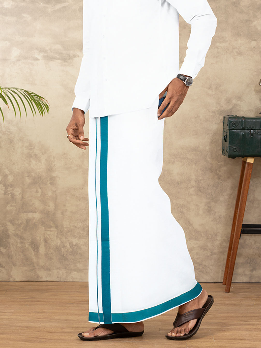 Men Cotton Blend Readymade Single Layer White Dhoti with Big Border GACS12