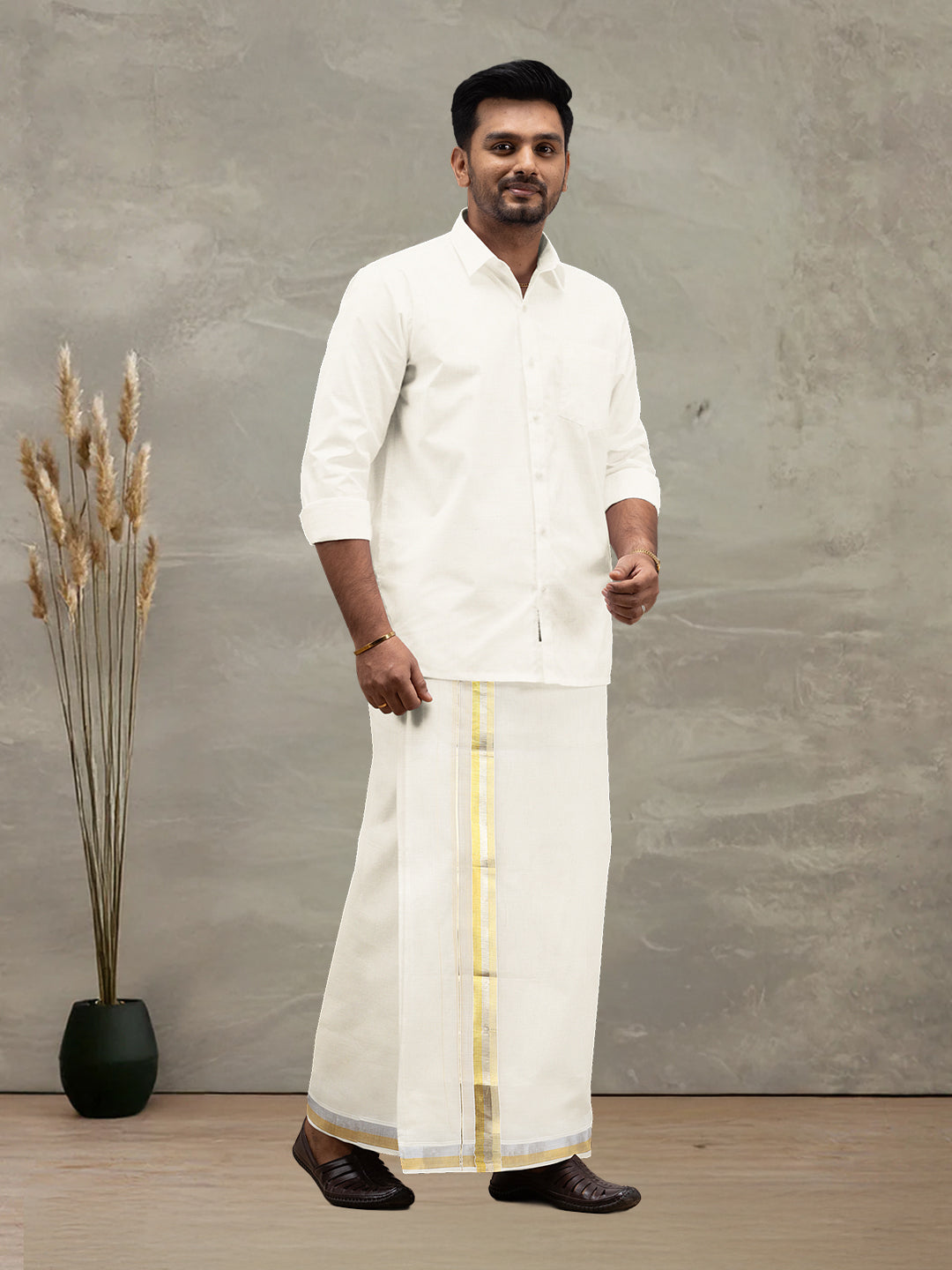 Men Kora Cotton Double Layer Dhoti with Gold & Silver Jari Border GC