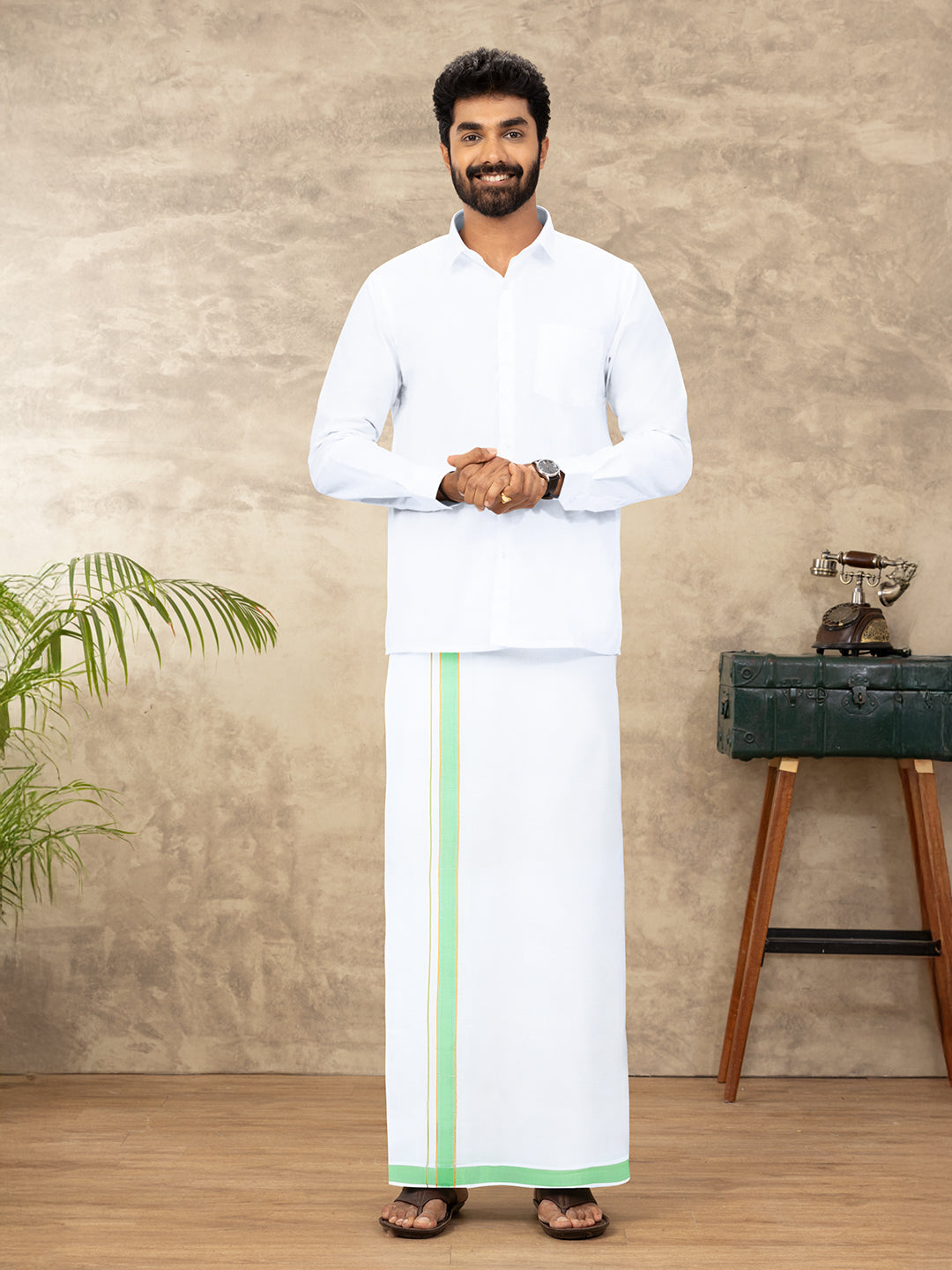 Men Cotton Blend Readymade Single Layer White Dhoti with Fancy Jari Border GACJ43