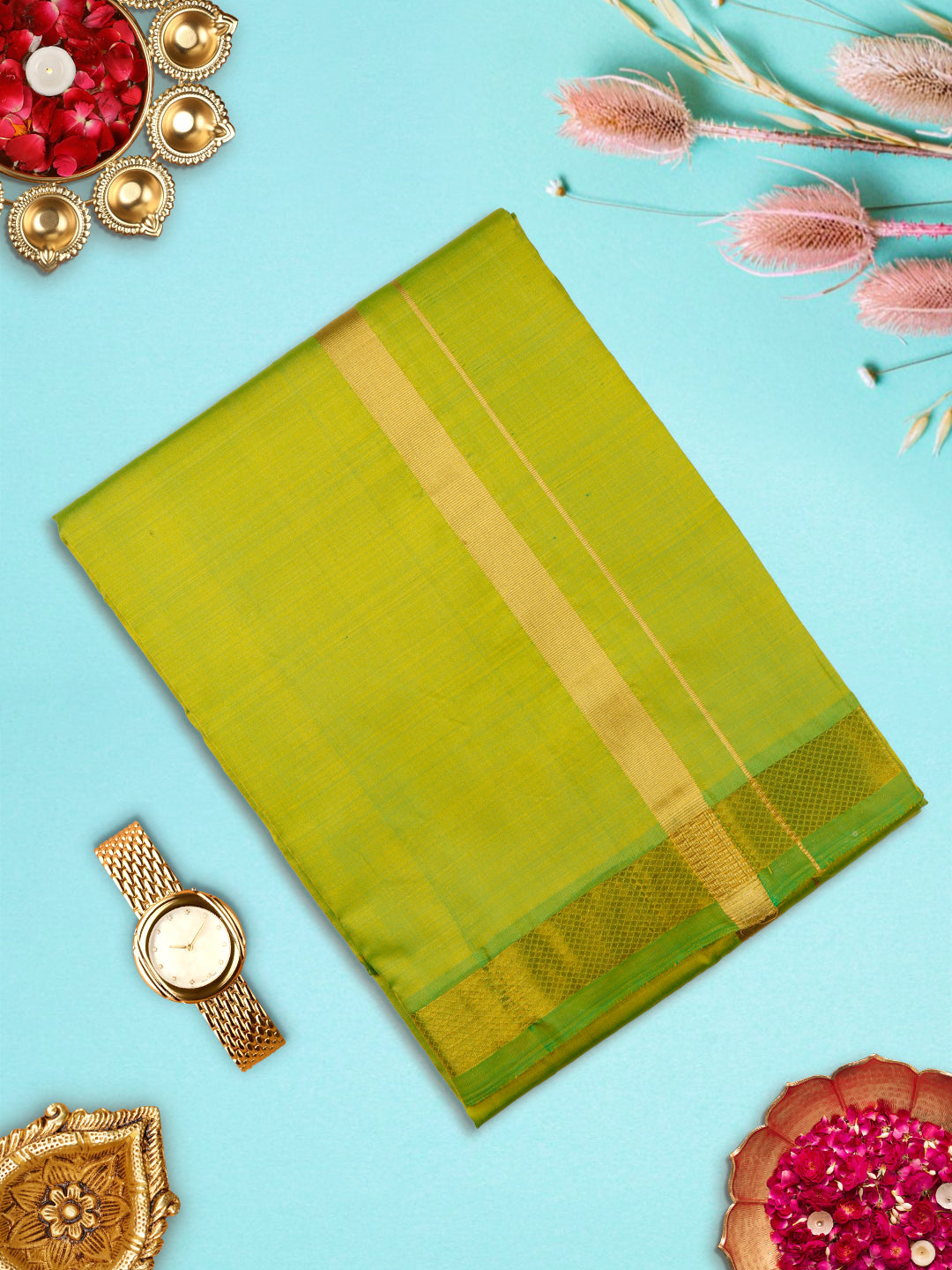 Premium Pure Silk Parrot Green Dhoti With Angavastram 1" Gold Jari Border Thirukalyan-View one