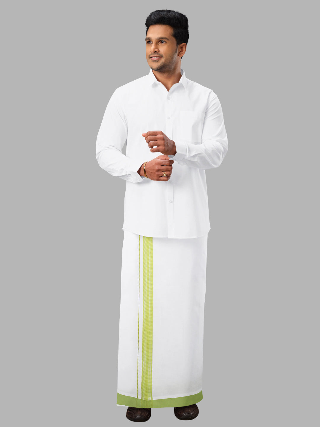 Men Green Fancy Border Single Layer Adjustable Pocket Dhoti GACF15