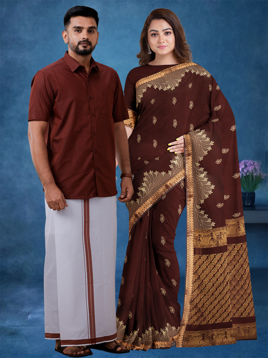 Couple Combo Shirt & Dhoti Set with Saree Brown PCS169
