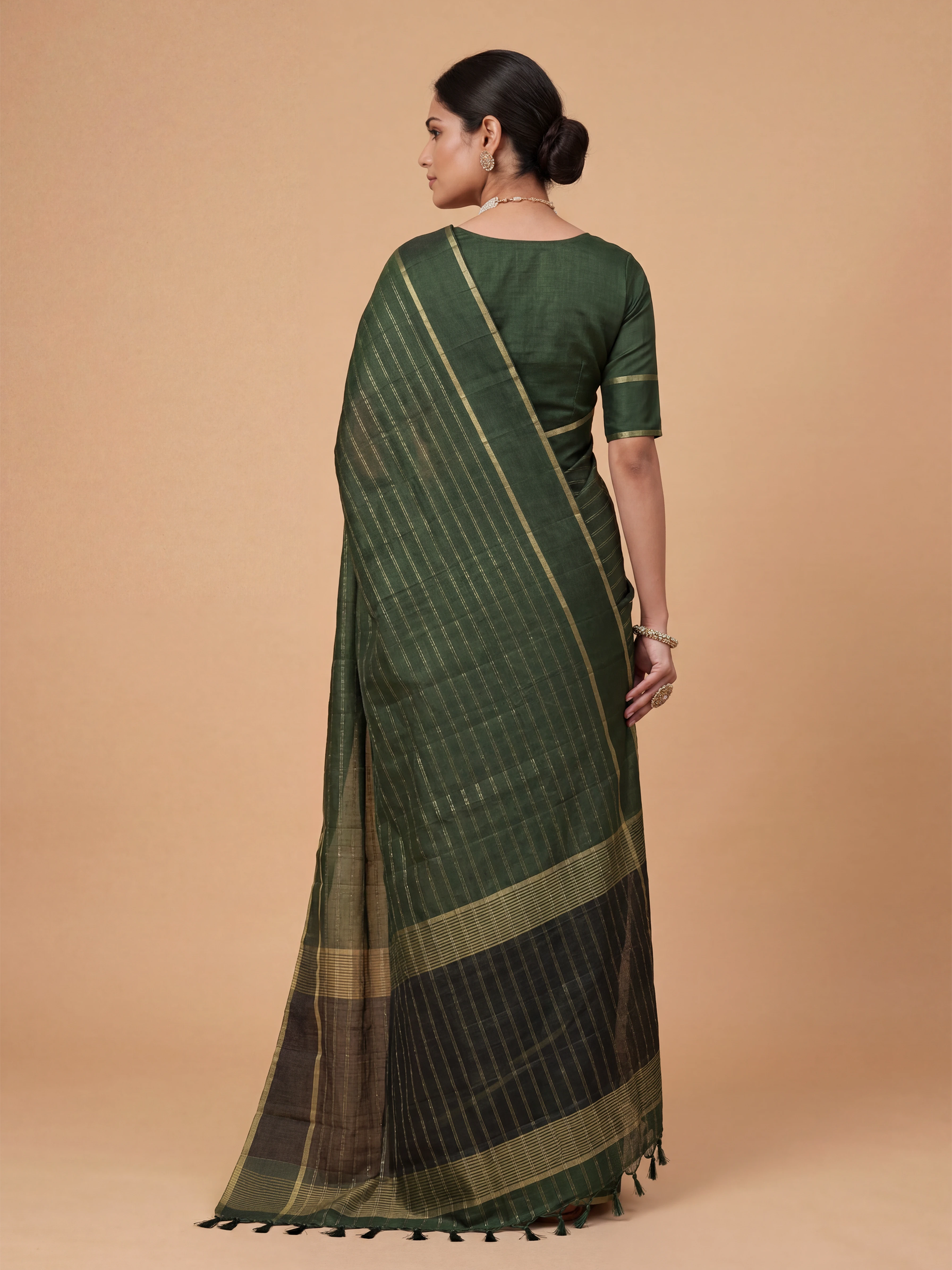 Women Semi Tussar Bottle Green Saree ST325