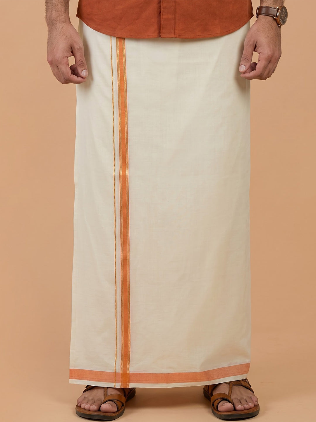 Double Layer 100% Cotton Cream Kora Dhoti with Colour Jari Border - CGJ02