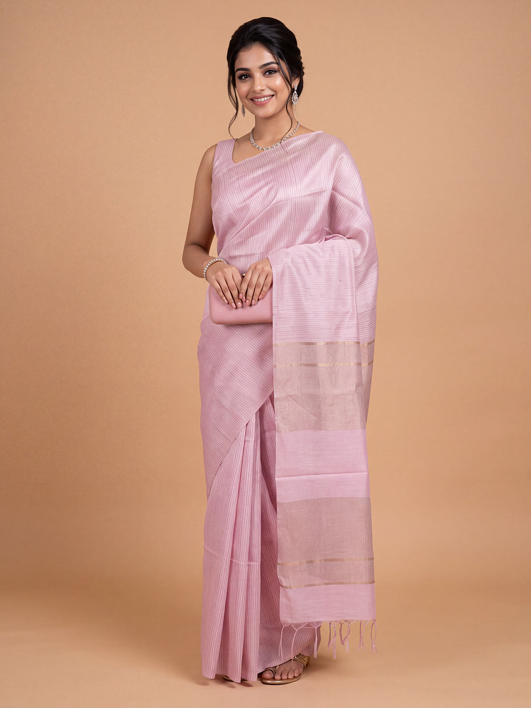 Women Semi Tussar Purple Striped Saree ST367