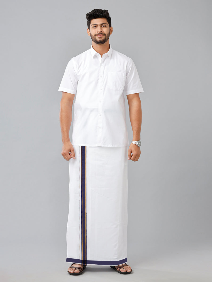 Mens Smart Look White Adjustable Pocket Dhoti with Blue fancy Border