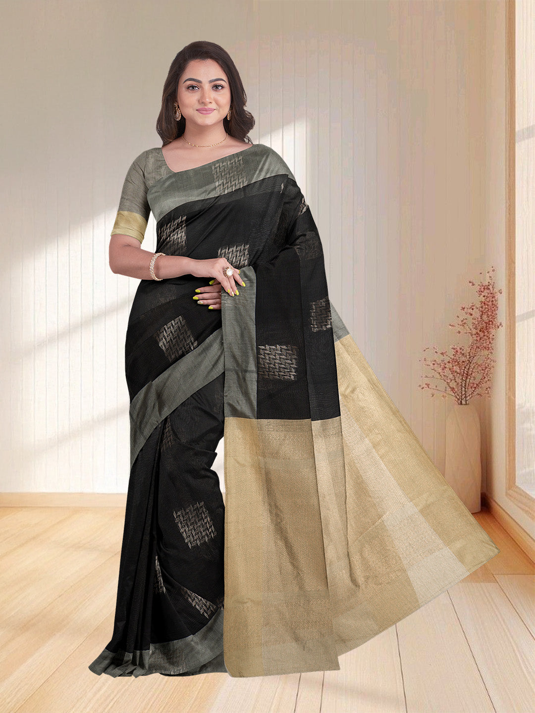 Women Black Kotta Cotton Saree PCS187