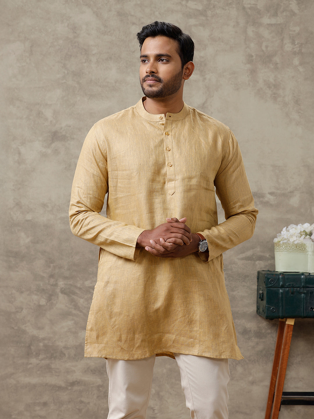 Men Linen Medium Length Kurta Mustard Yellow KAL20