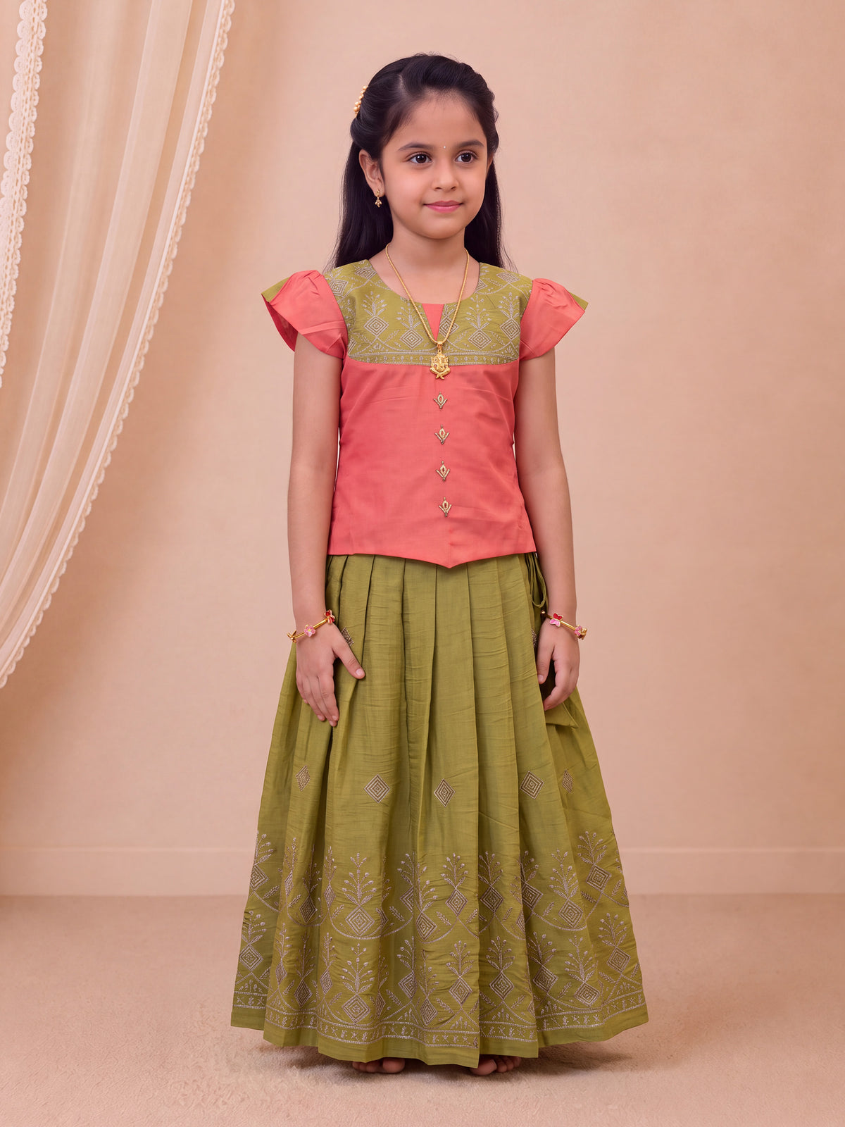 Girls Art Silk Peach Pink with Olive Green Pattu Pavadai Set GPS78