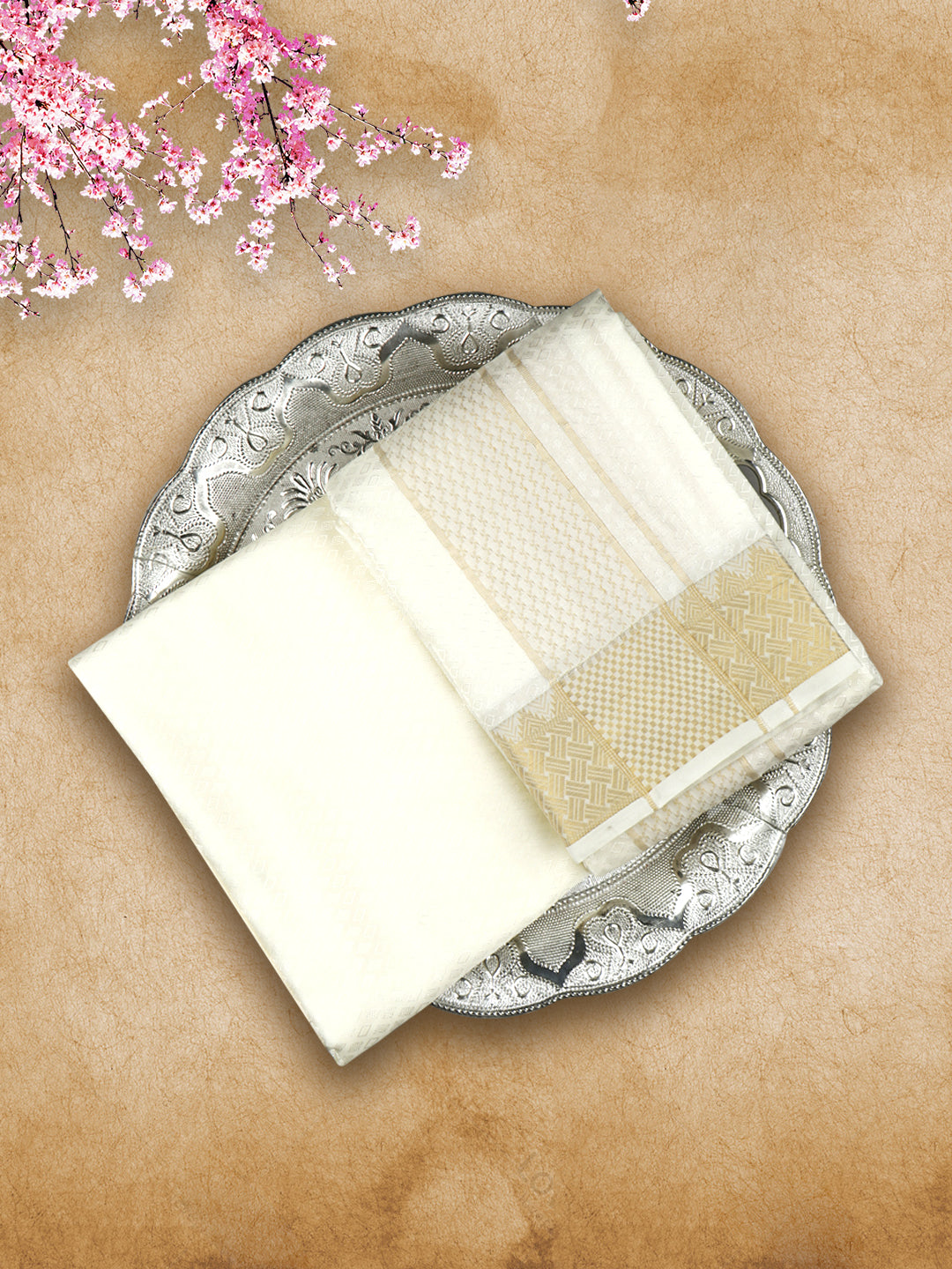 Mens Art Silk Wedding Cream Shirting and Zari Border Dhoti with Towel Set - Touch Tone 150K