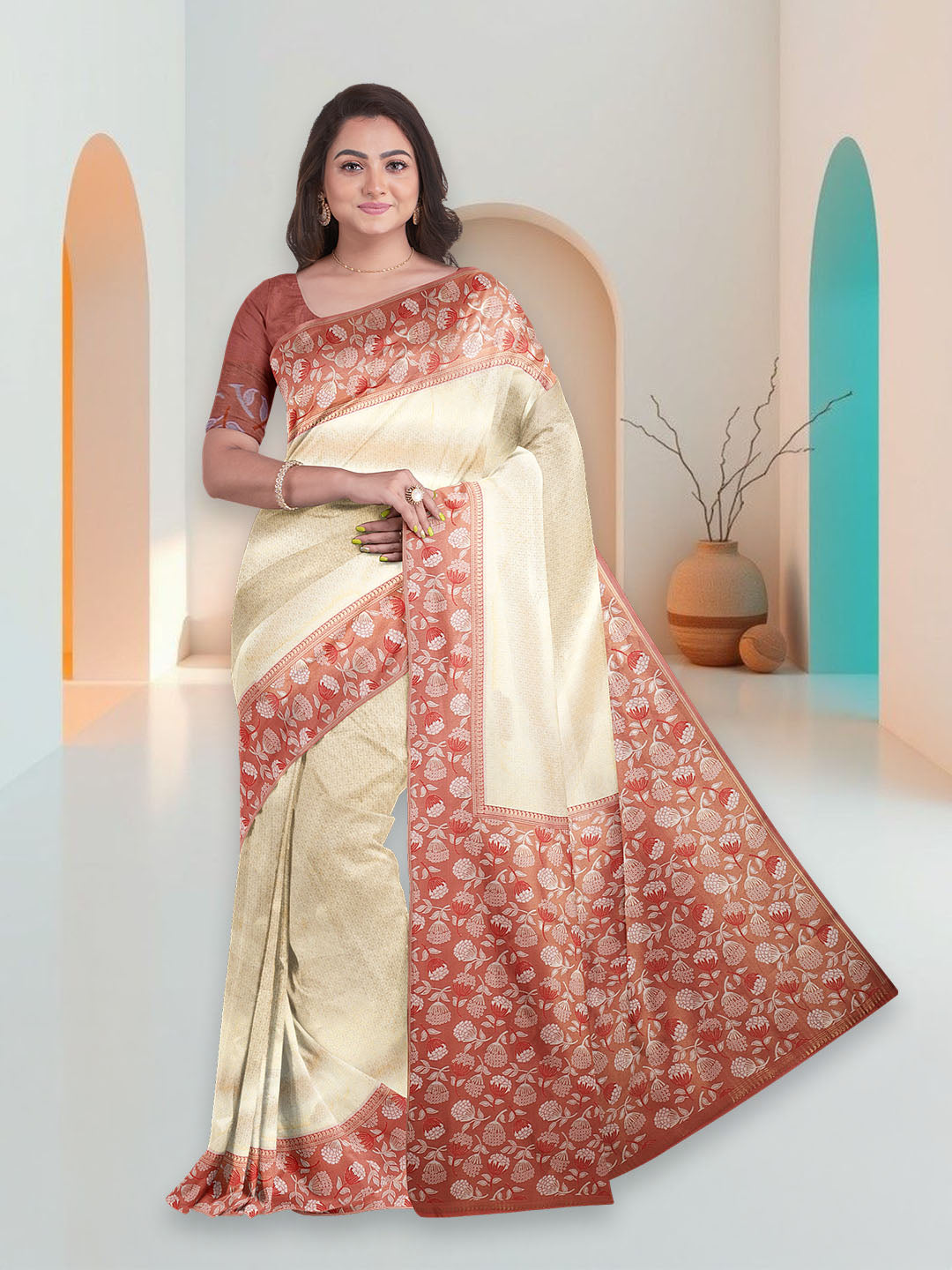 Women Gold Art Silk Printed Saree ASS94