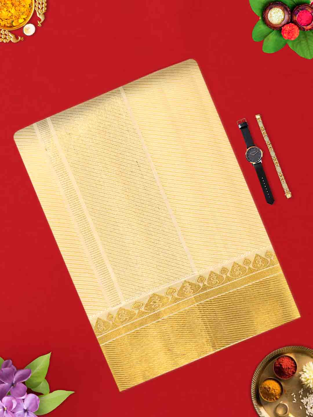 Mens Pure Silk Fawn 4" Gold Jari Border Dhoti with Towel Amirtham