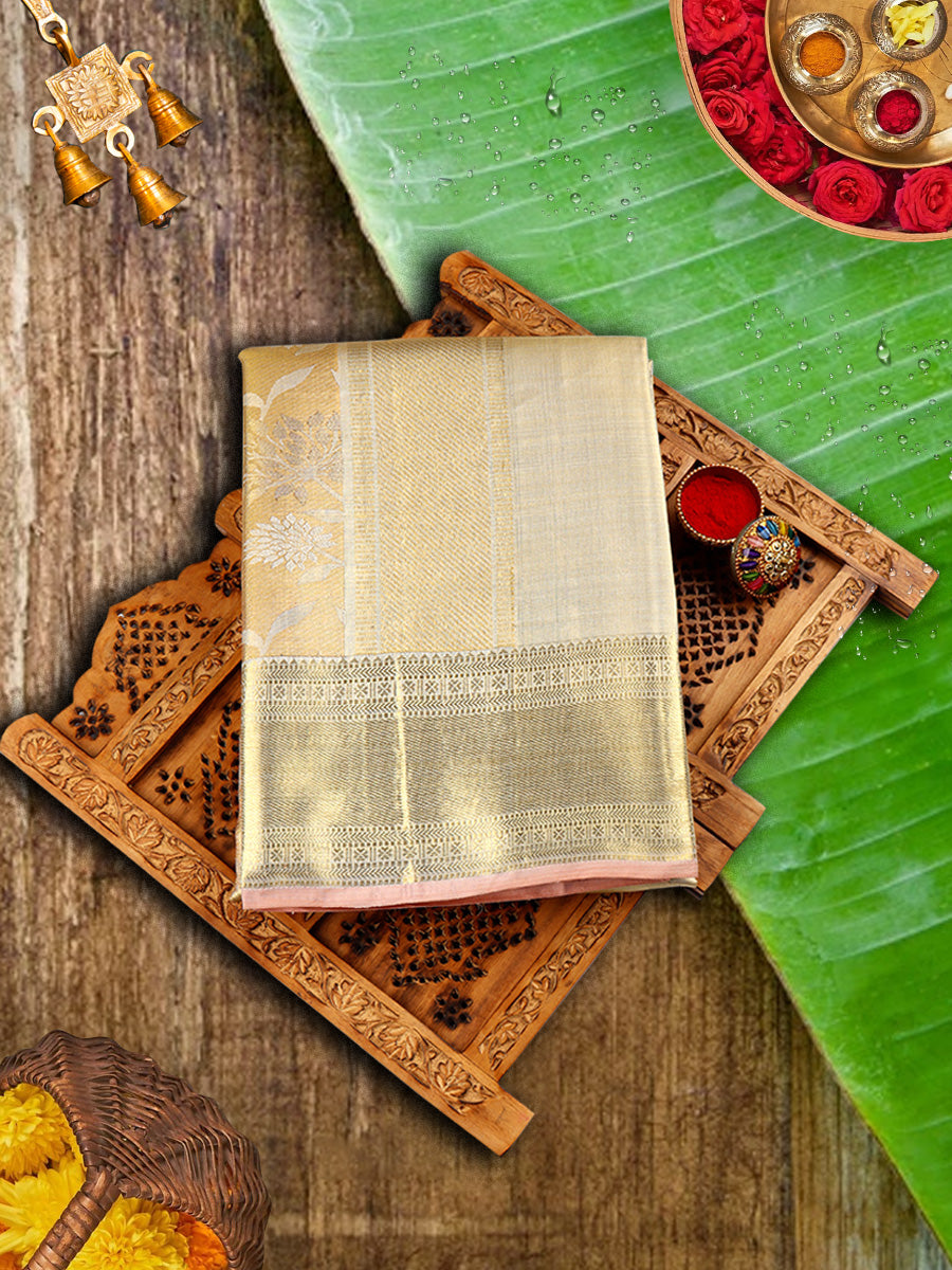 Premium Pure Silk Tissue Jari Dhoti With Angavastram 5" Gold Jari Border Agarshanaa