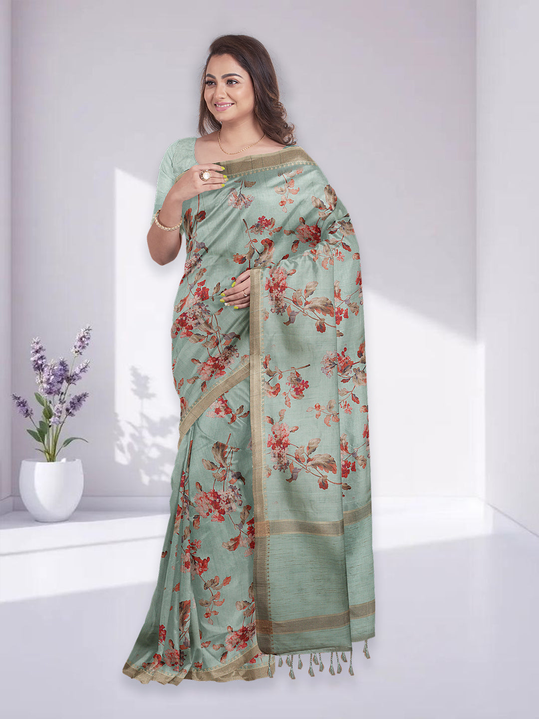 Women Green Semi Raw Silk Printed Saree SRS104