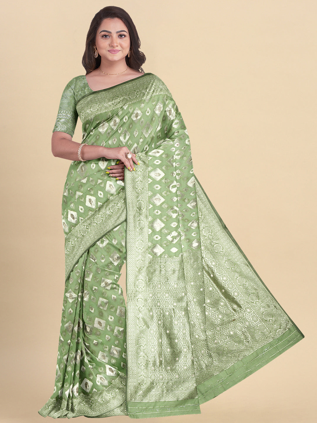 Semi Cotton Weaving Embossed Green colour Saree SCS44