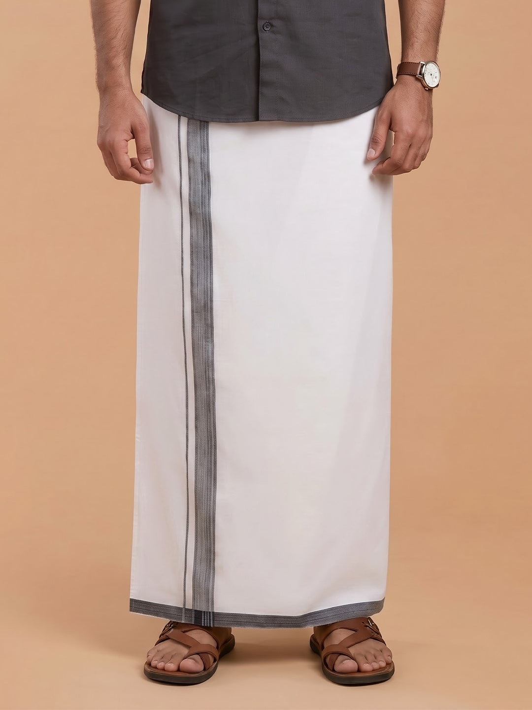 Double Layer 100% Cotton White Dhoti with Colour Border - RFD01