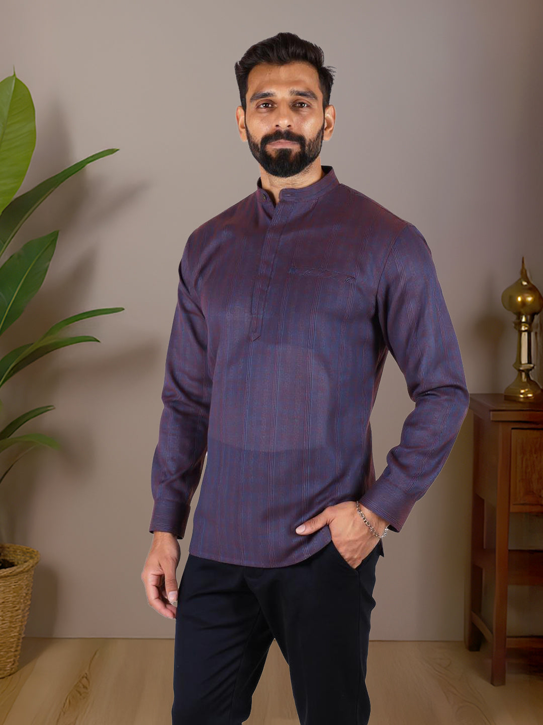 Men Cotton Short Length Striped Pocket Kurta Dark Purple RJ50