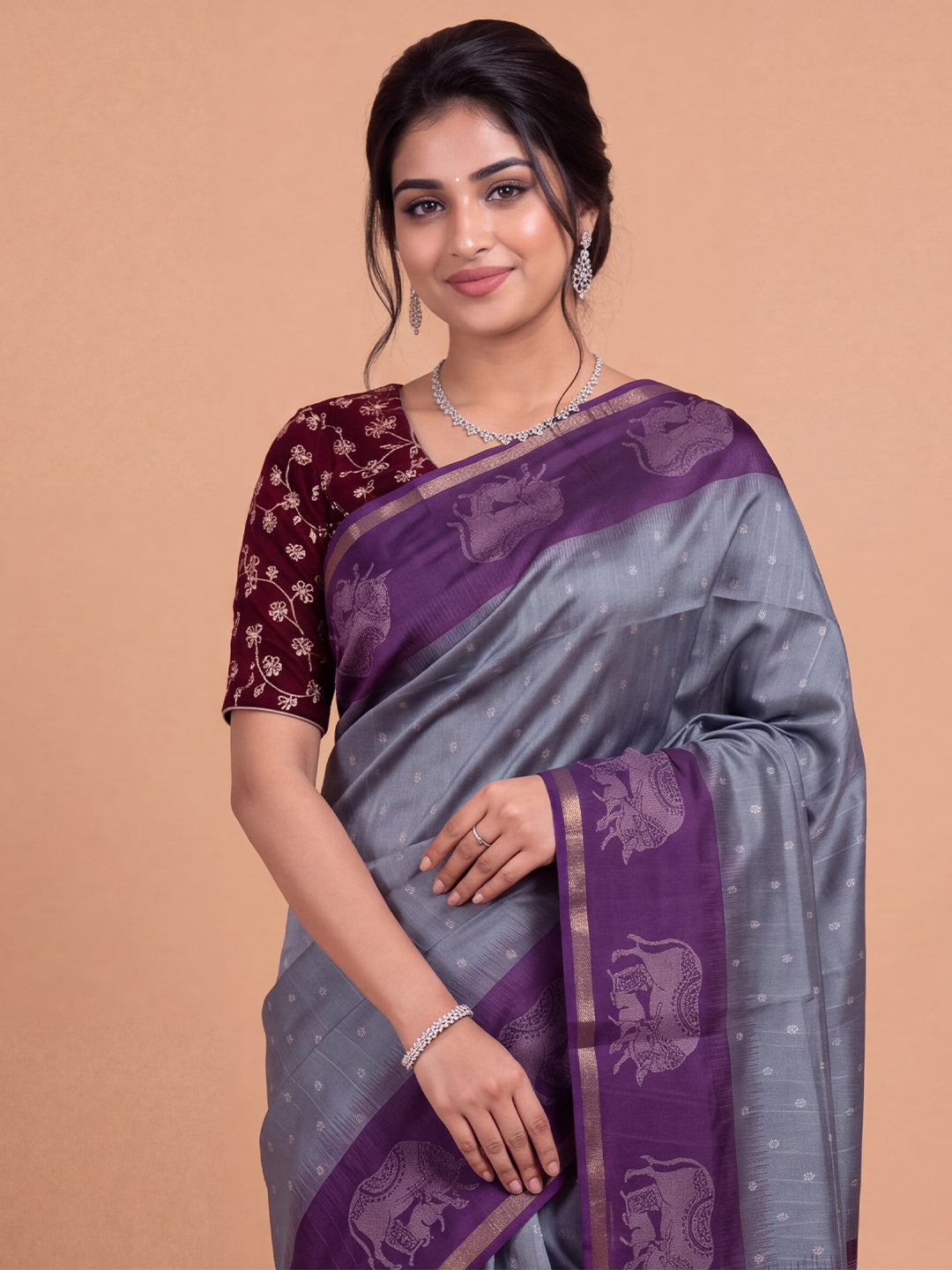 Women Semi Raw Silk Greyish Blue with Violet Fancy Printed Saree SRS129
