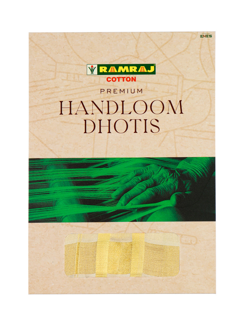 Mens Premium Handloom Tissue Double Dhoti with Gold Jari Border 110004-1