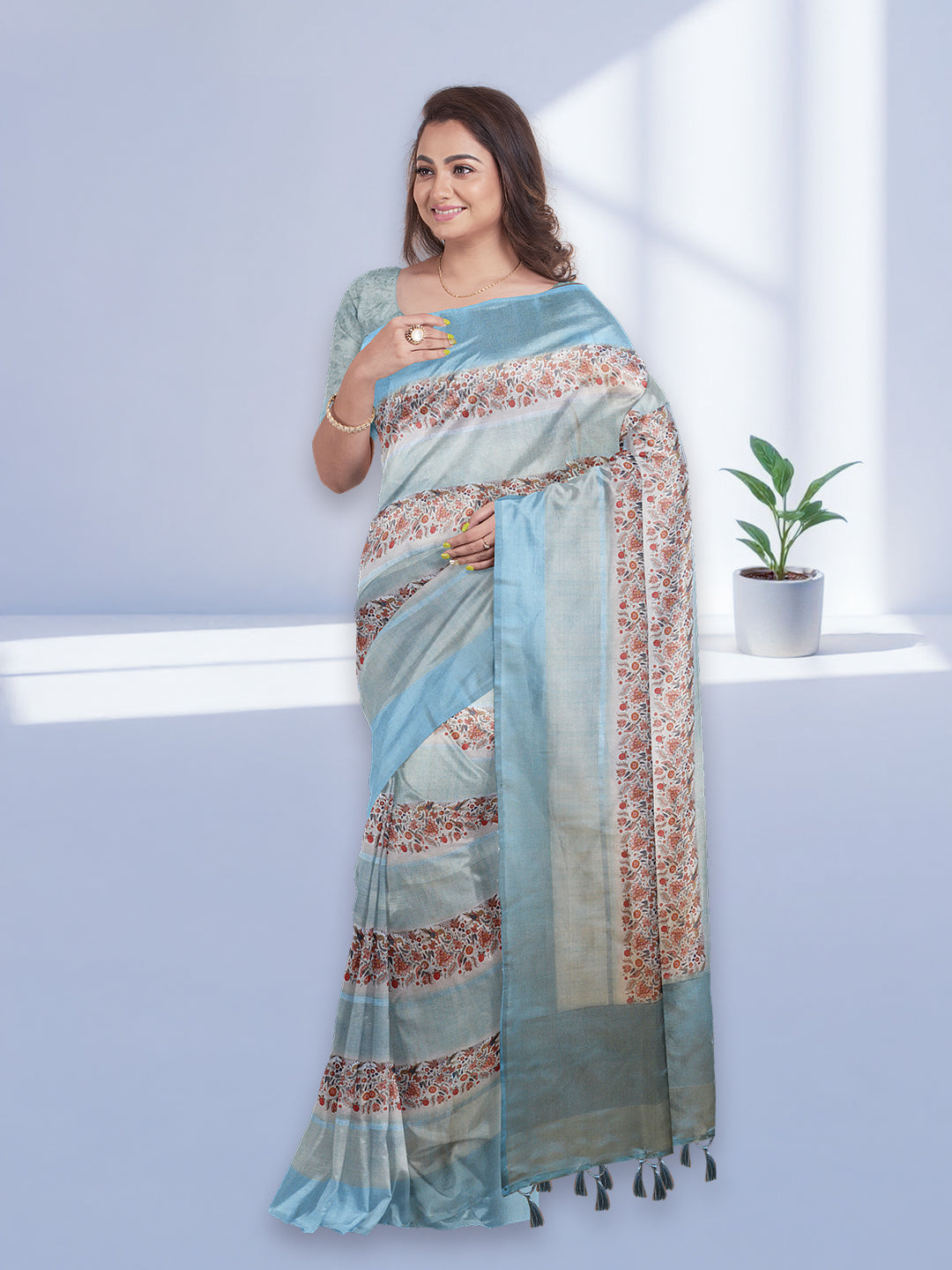 Women Blue Semi Tussar Printed Saree ST299
