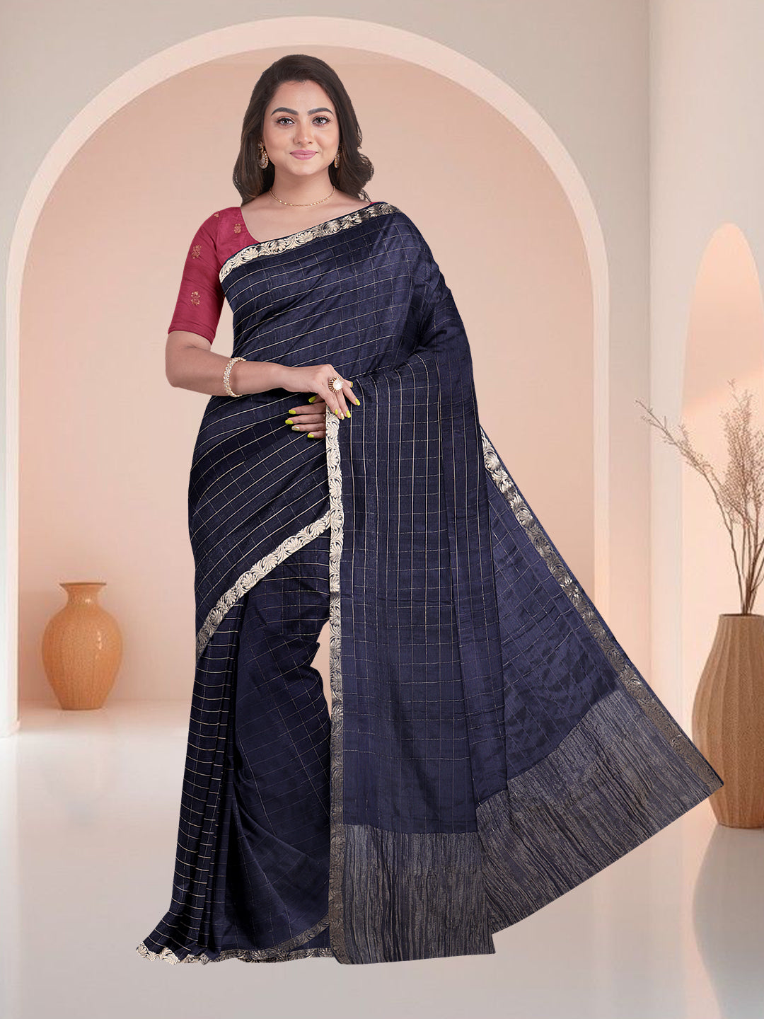 Women Navy Blue Semi Silk Saree SS346