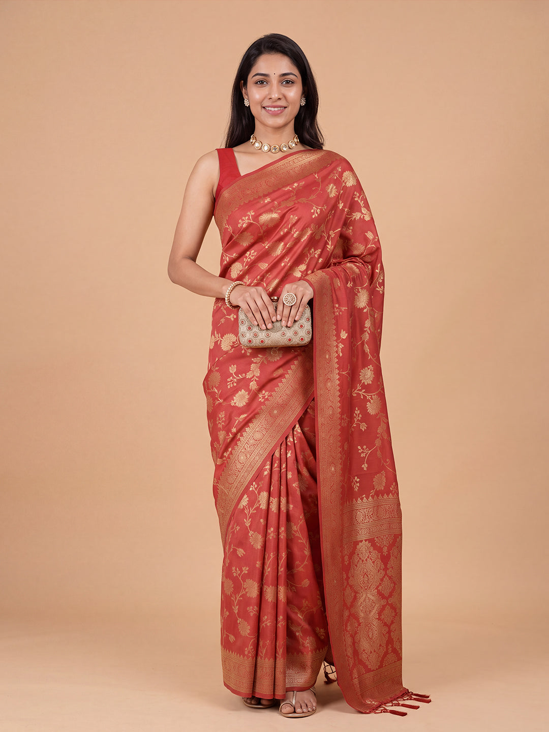 Women Semi Tussar Red Saree ST356