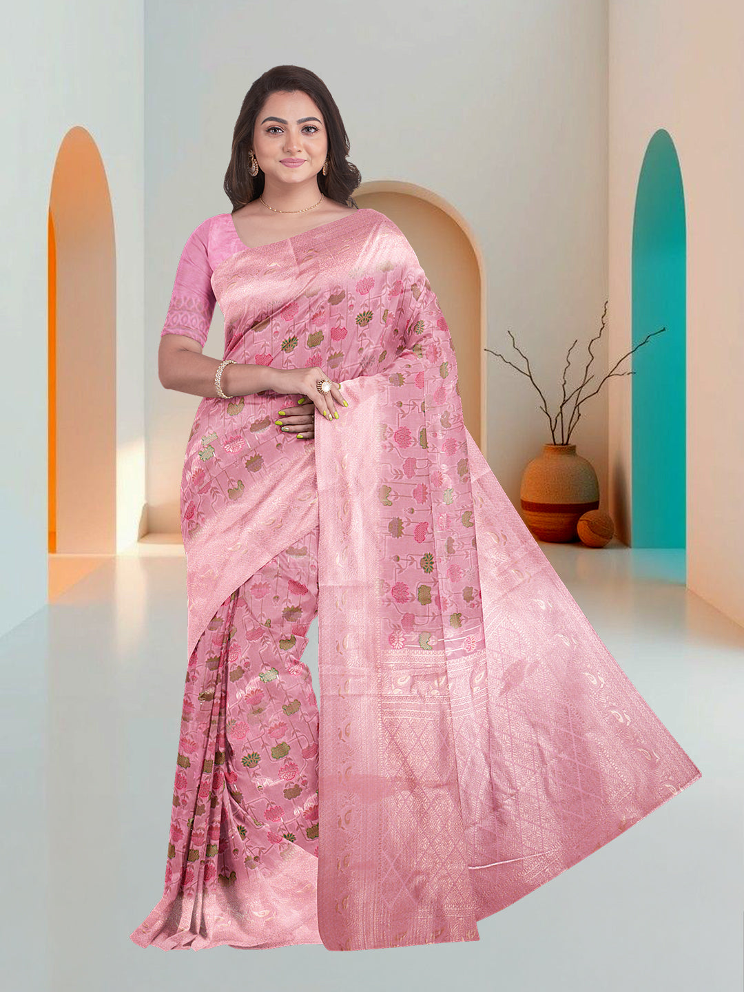 Women Pink Art Silk Printed Saree ASS78