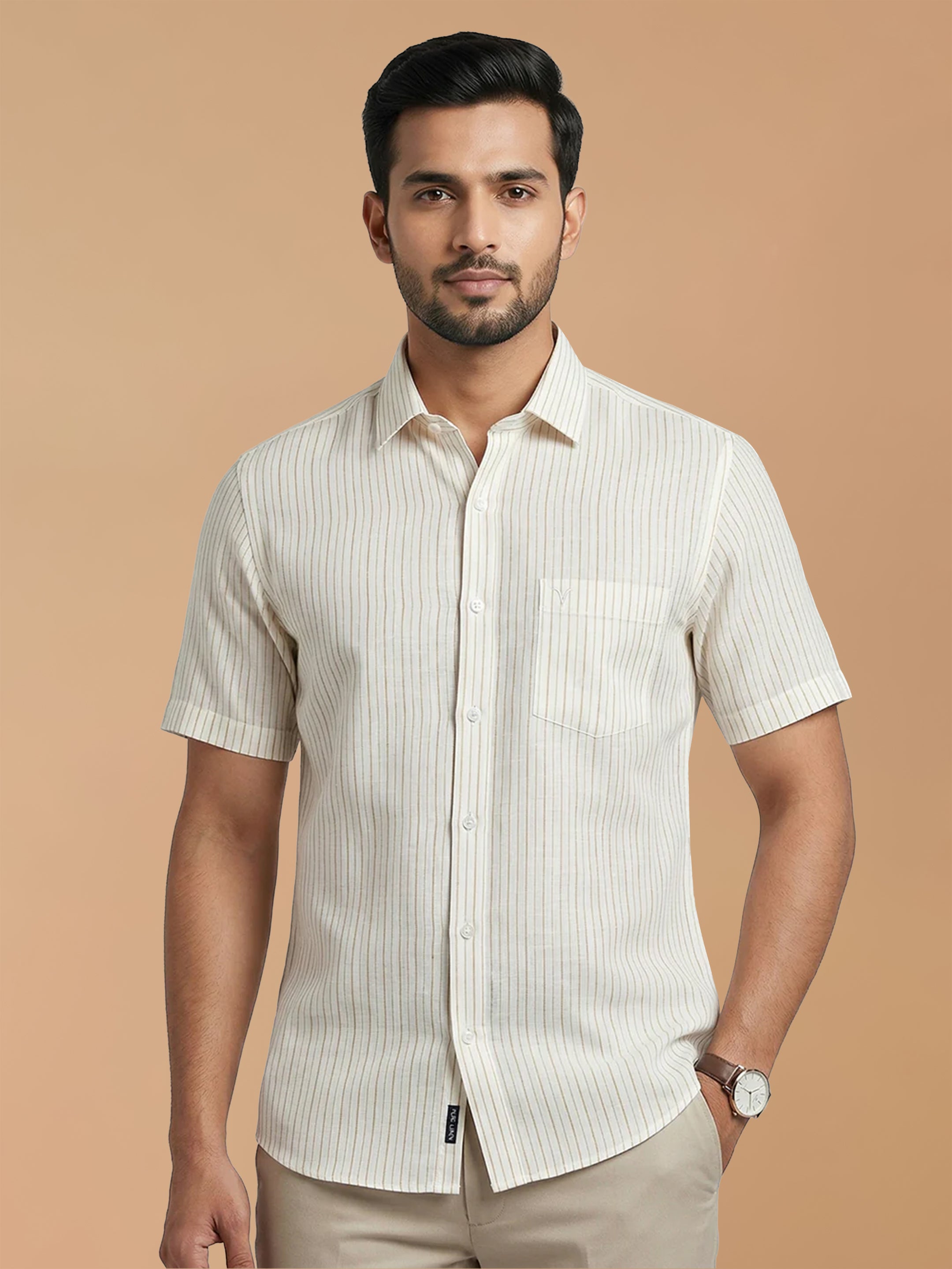 Pure Linen Beige Striped Smart Fit Shirt LS134