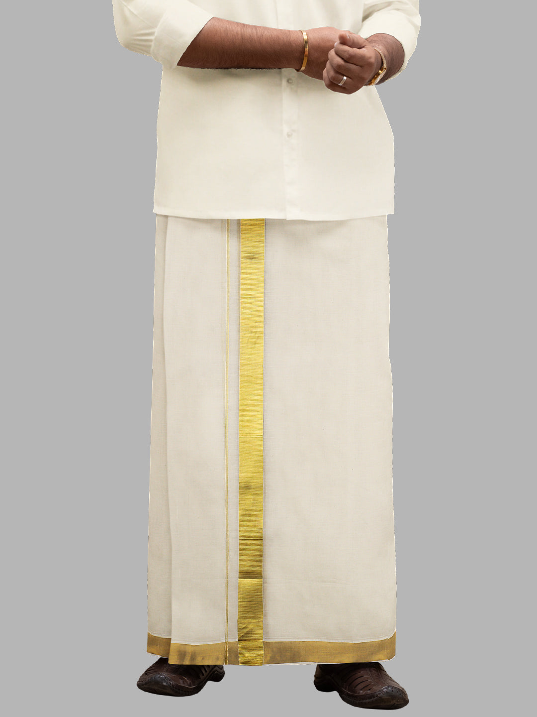 Men Cream with 1 1/2" Gold Jari Border Double Layer Kora Dhoti Woven Gold