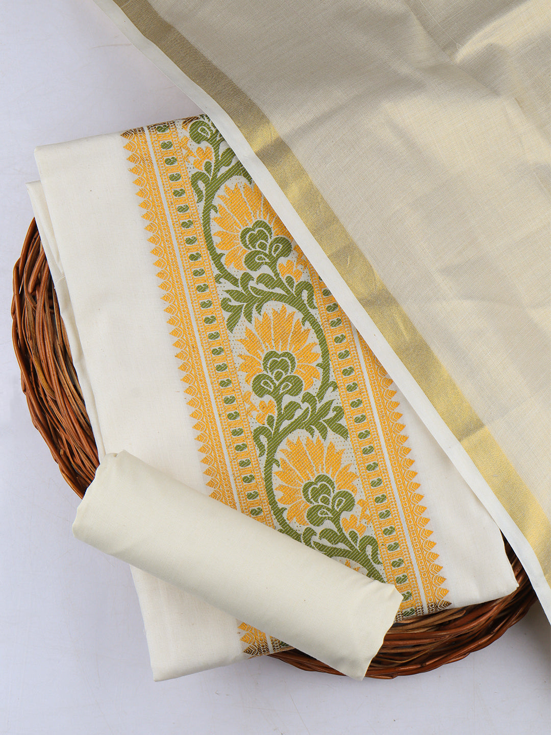 Women Kerala Printed Dress Material White DM268