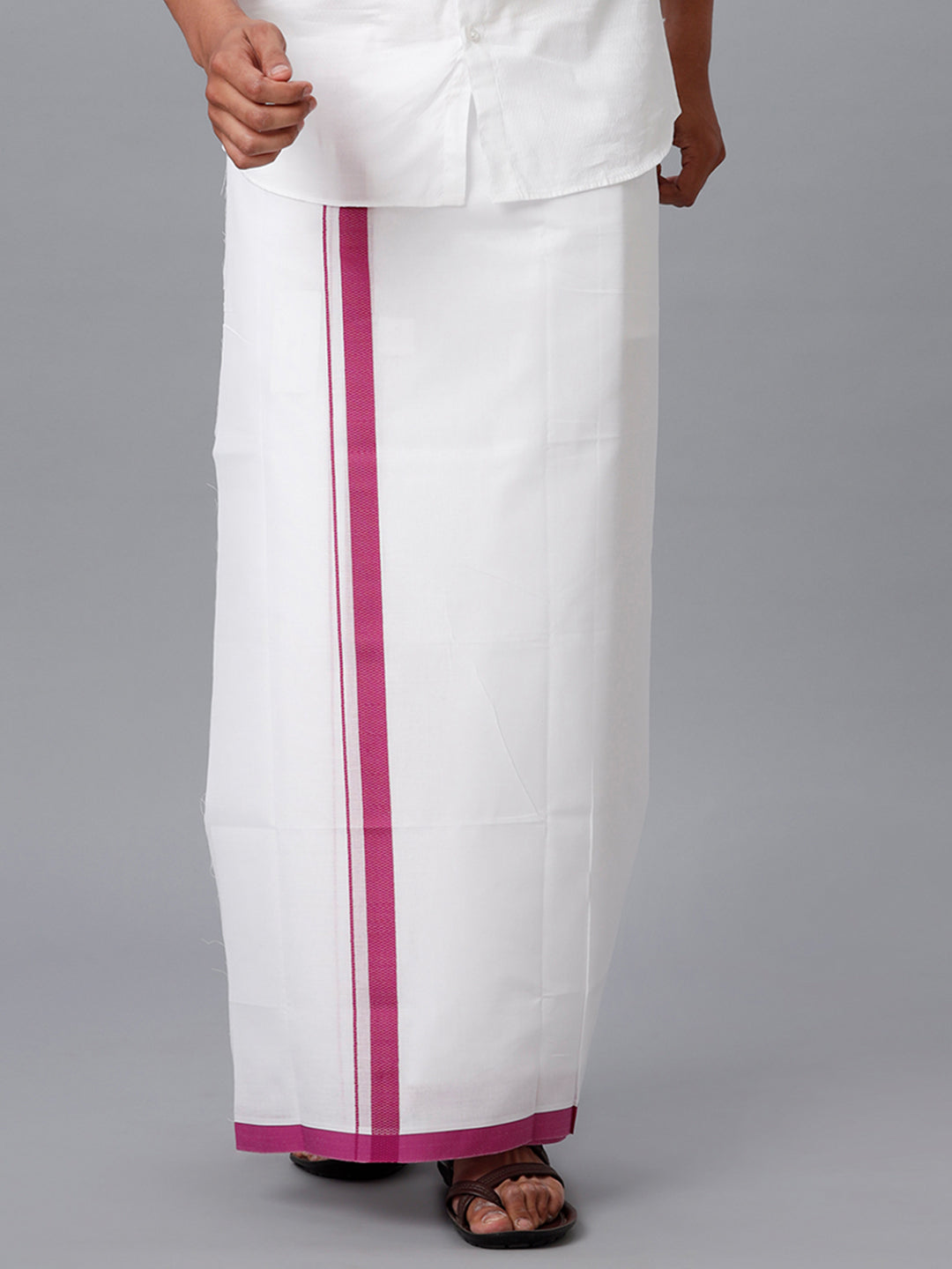 Mens Cotton White Double Dhoti with Purple Border Anchor Fancy