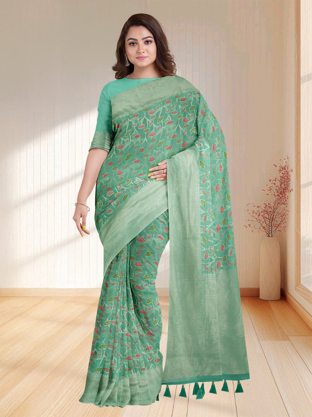 Women Green Art Silk Embroidered Saree ASS35