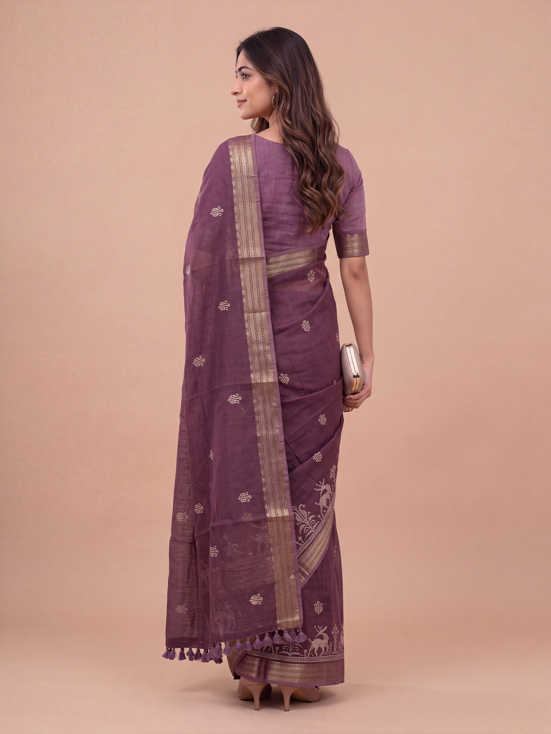 Women Semi Linen Dark Purple Embroidered Saree SL271