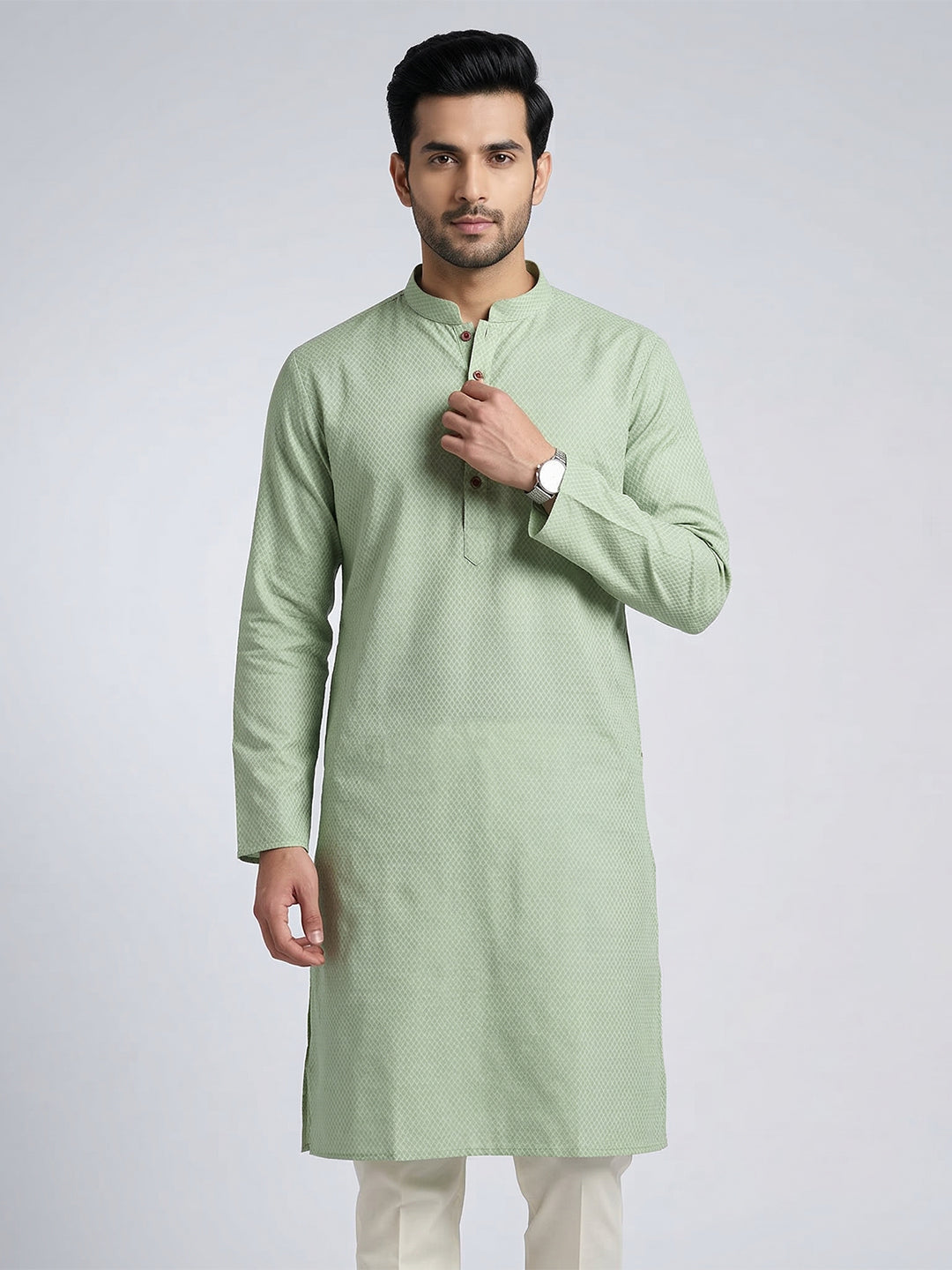 Men Cotton Medium Length Printed Pocket Kurta Green MHJ7
