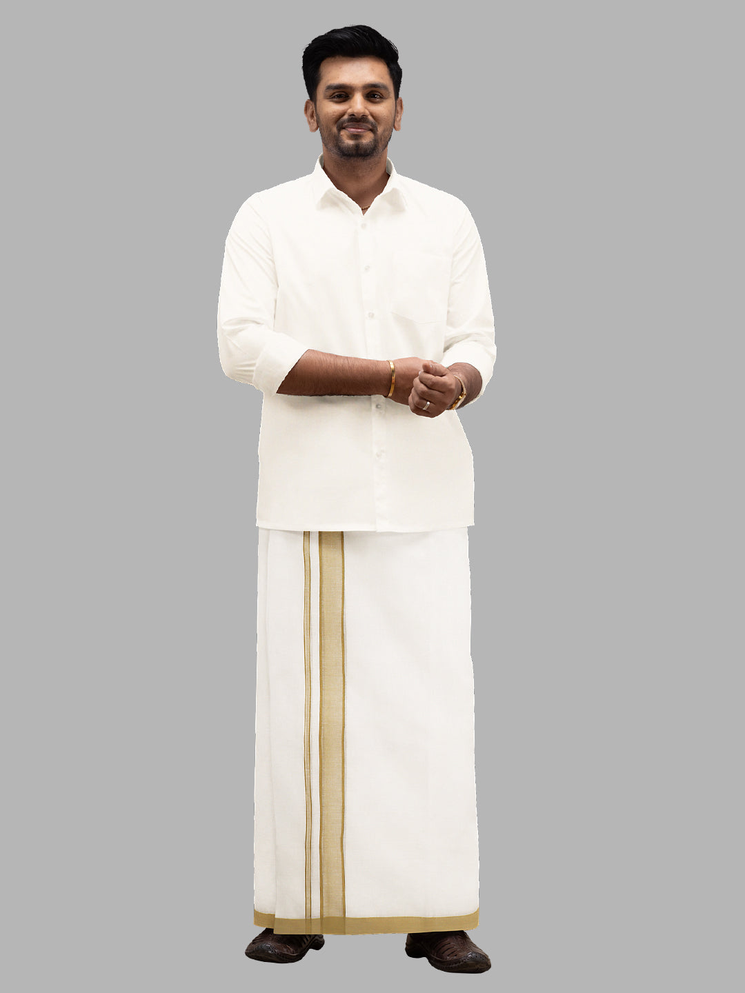 Men Green Fancy Border Double Layer White Dhoti RP3