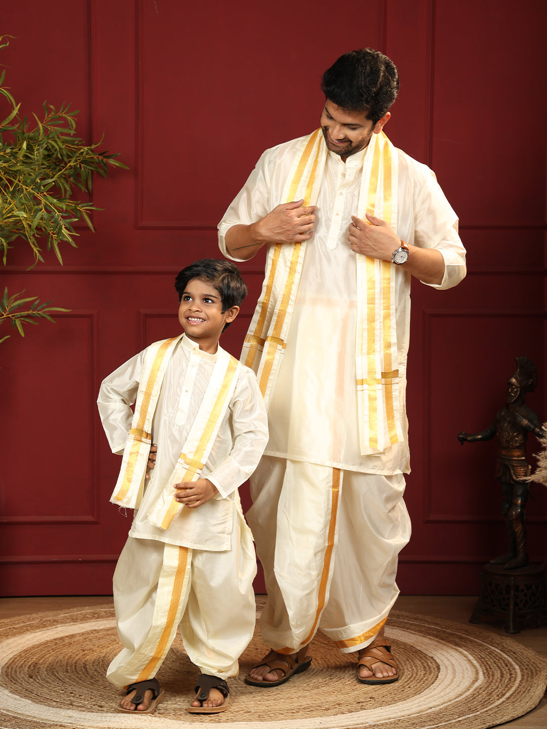 Like Father Like Son Cream Kurta Panchakacham & Towel Set