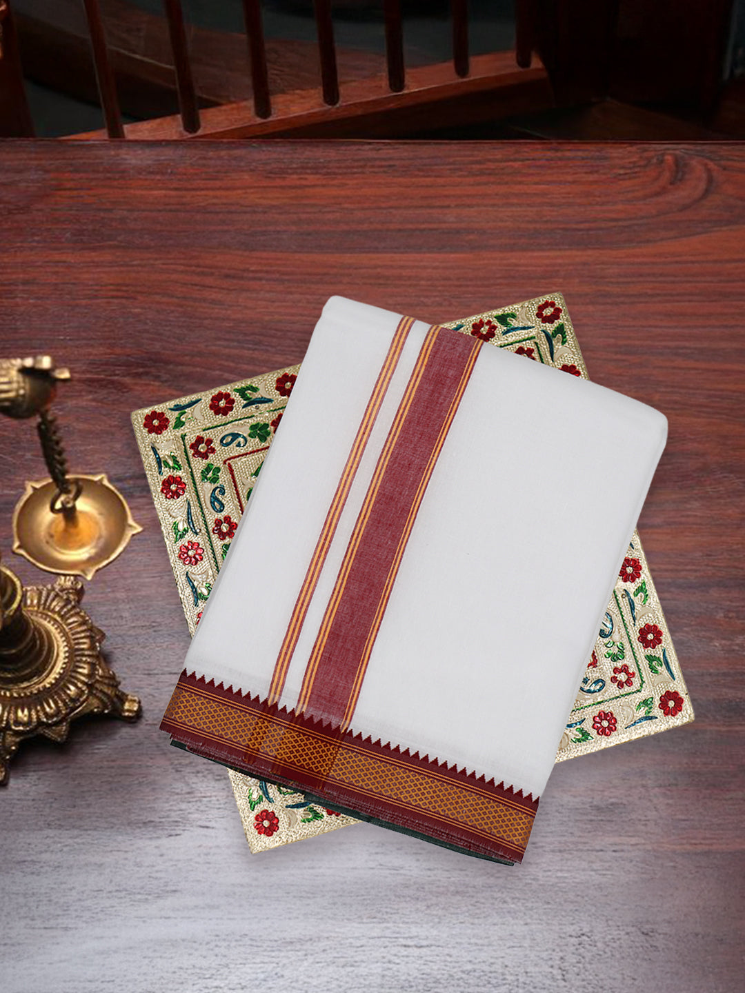 Men 100% Cotton Mayilkhan Border Panchakacham with Angavasthram White(9+5)