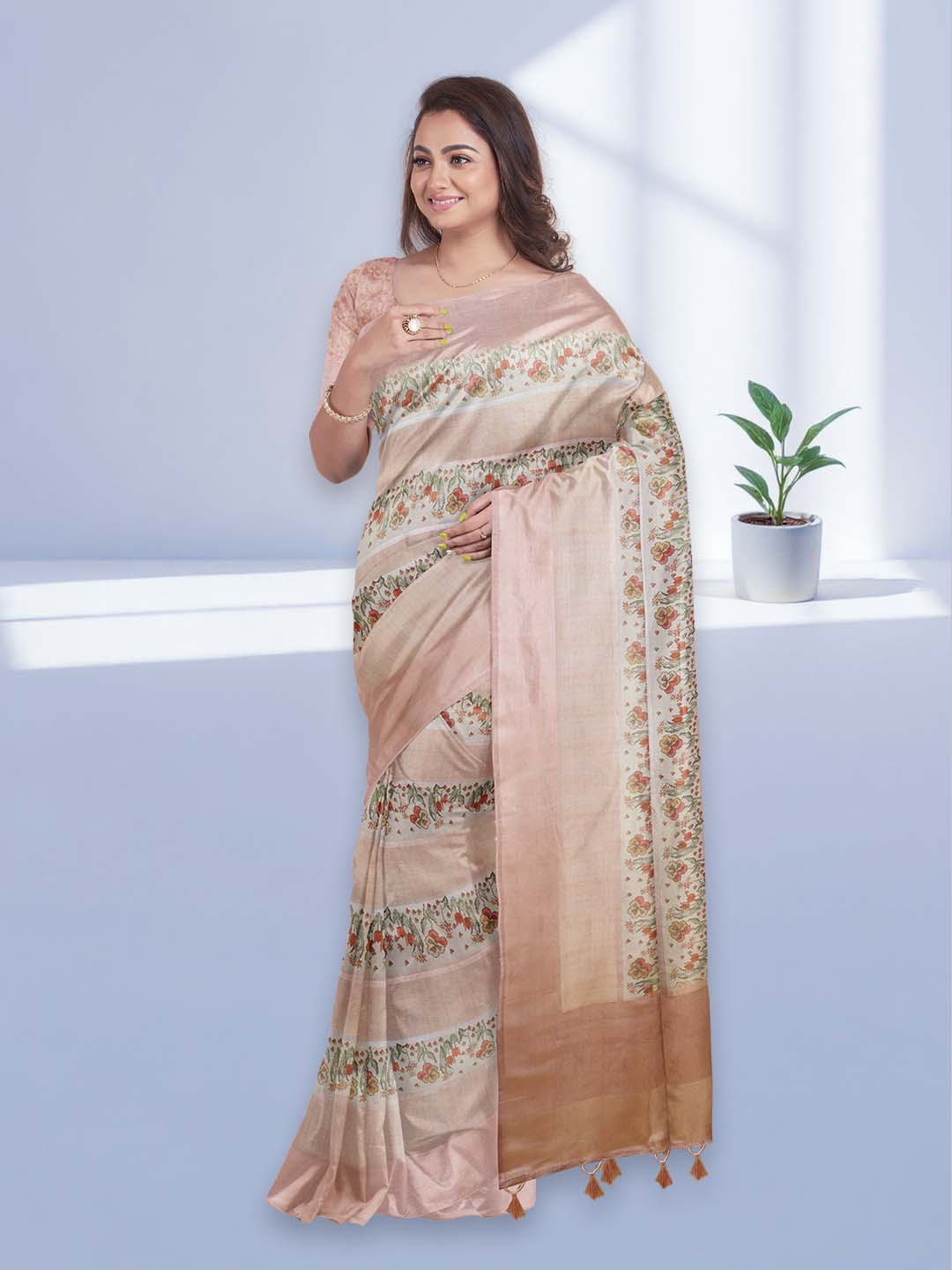Women Peach Semi Tussar Printed Saree ST282