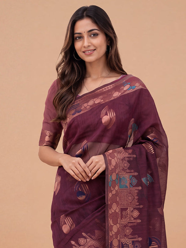 Women Spun Poly Dark Purple Printed Saree SP19