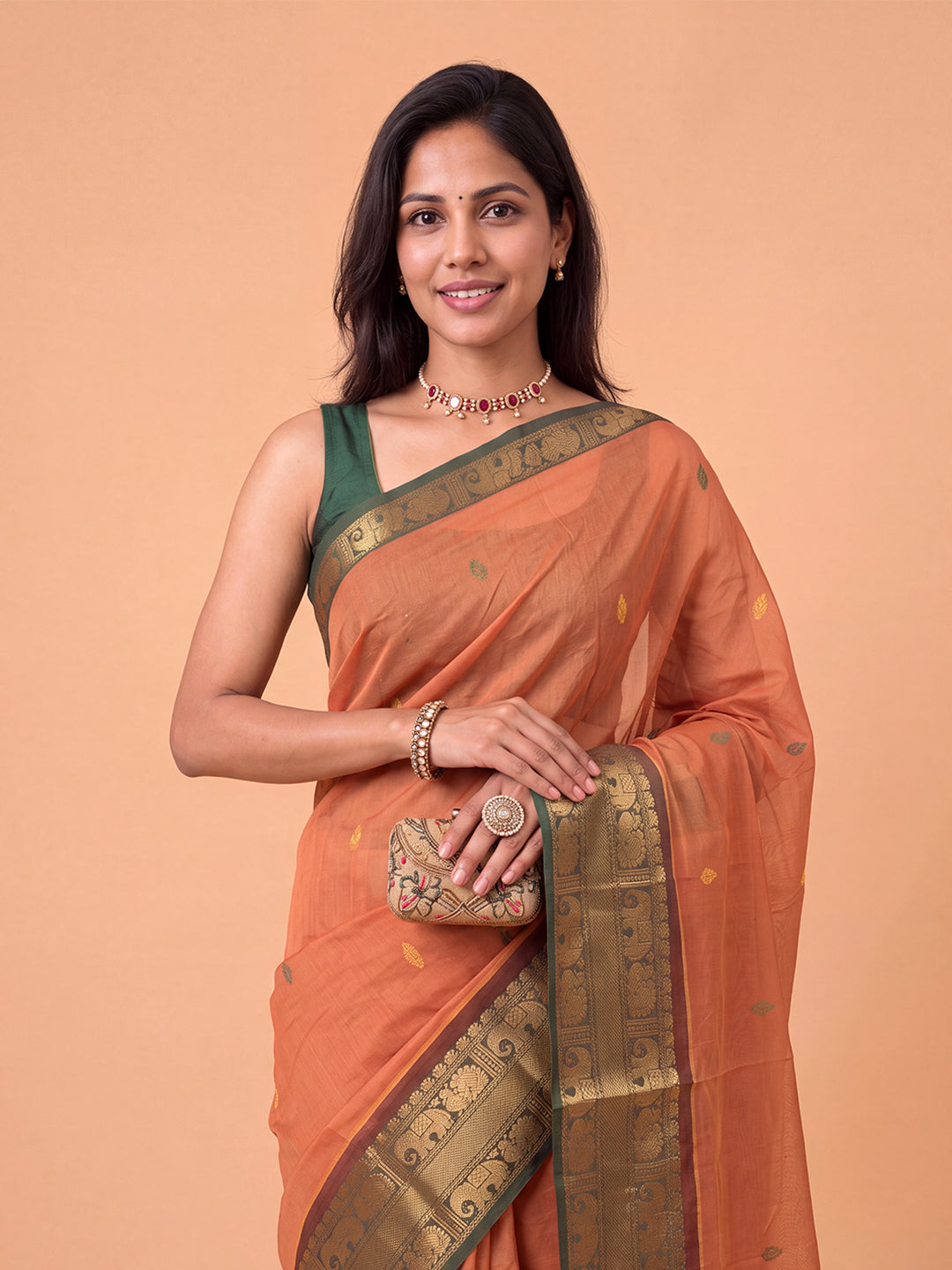 Women Chettinad Cotton Orange Saree CCS12