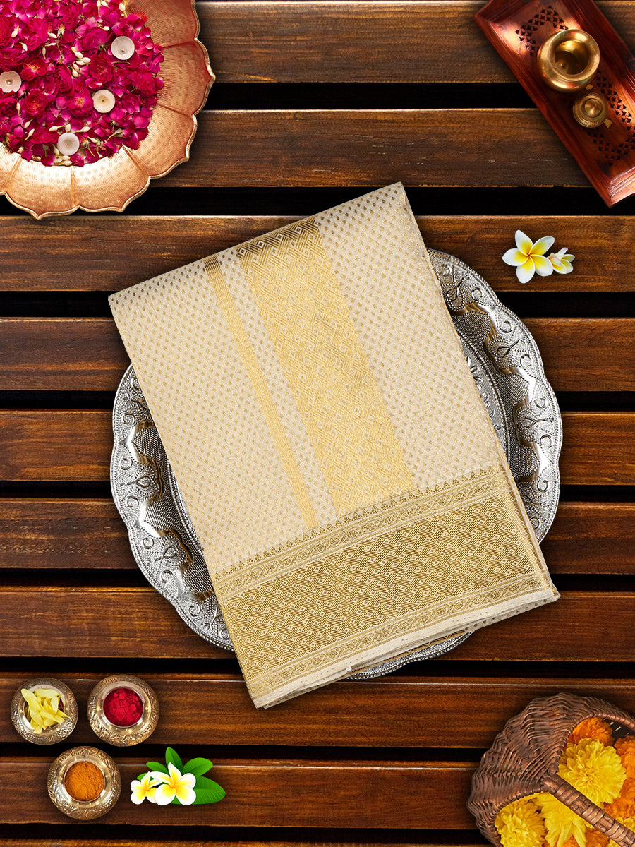 Premium Pure Silk Cream Tissue Jaquard Dhoti With Angavastram 4" Jari Border Agarshanaa-View one