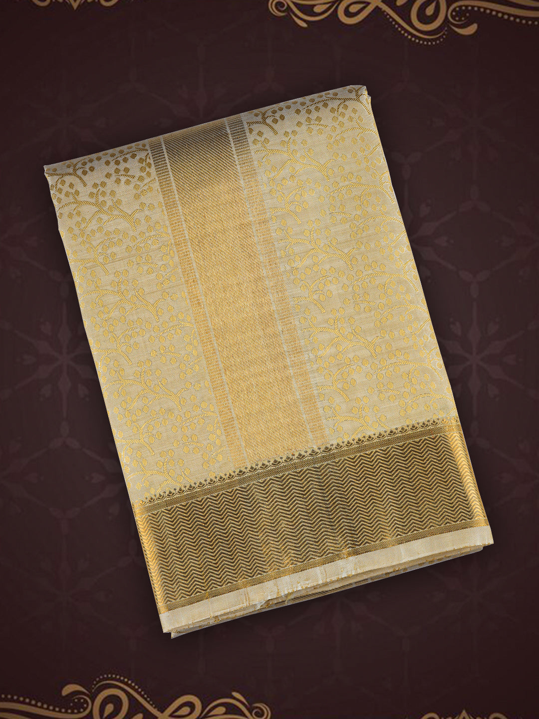 Men Pure Silk Dhoti and Towel Set with 3" Gold Jari Border Virutcham