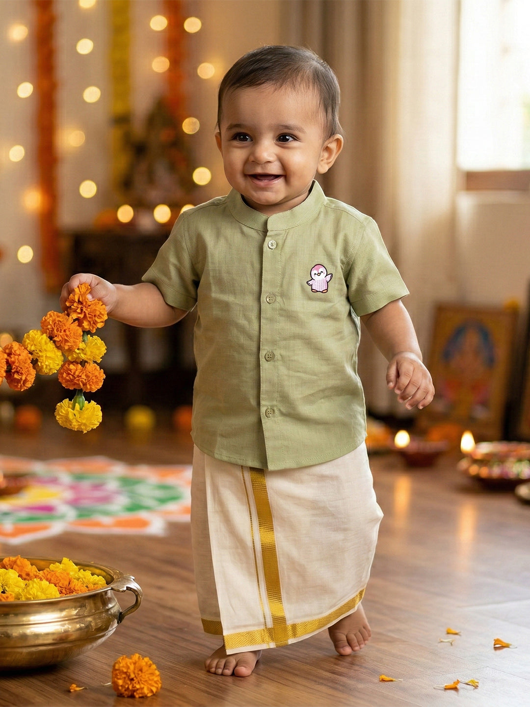 Born Baby Shirt Dhoti and Panchakacham Set Pista Green